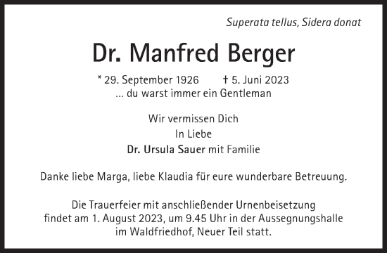 Traueranzeige von Manfred Berger von Süddeutsche Zeitung