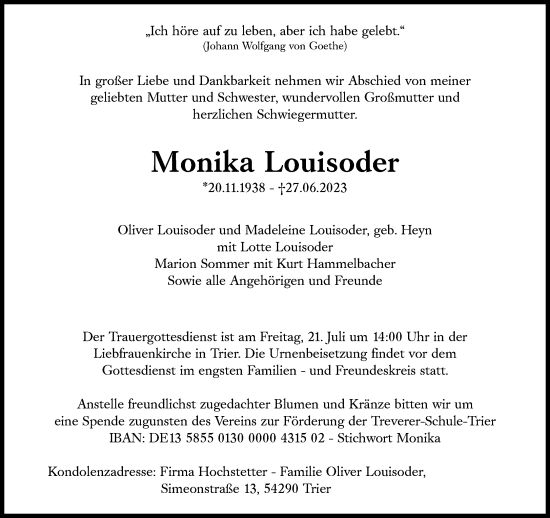 Traueranzeige von Monika Louisoder von Süddeutsche Zeitung