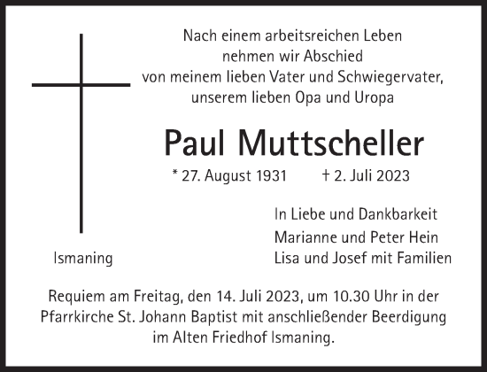 Traueranzeige von Paul Muttscheller von Süddeutsche Zeitung