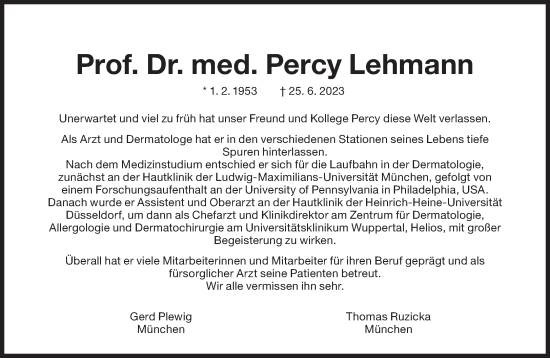 Traueranzeige von Percy Lehmann von Süddeutsche Zeitung