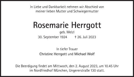 Traueranzeige von Rosemarie Herrgott von Süddeutsche Zeitung