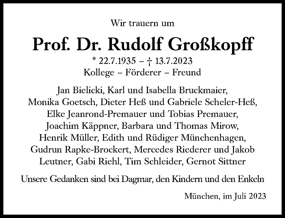 Traueranzeige für Rudolf Großkopff vom 29.07.2023 aus Süddeutsche Zeitung
