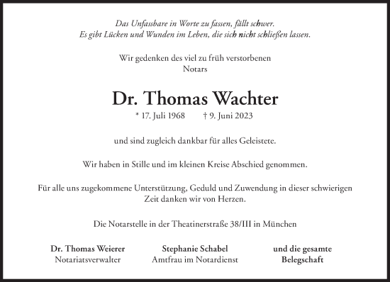 Traueranzeige von Thomas Wachter von Süddeutsche Zeitung