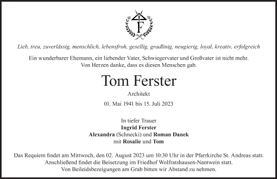 Traueranzeige von Tom Ferster von Süddeutsche Zeitung
