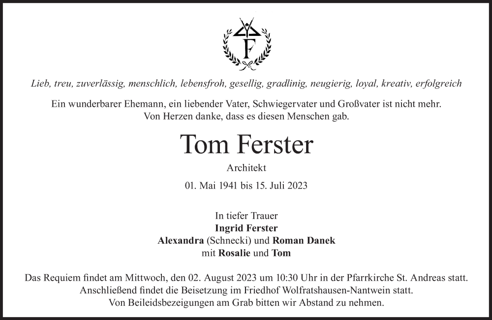  Traueranzeige für Tom Ferster vom 22.07.2023 aus Süddeutsche Zeitung