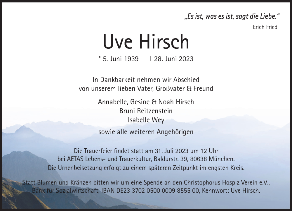  Traueranzeige für Uve Hirsch vom 08.07.2023 aus Süddeutsche Zeitung