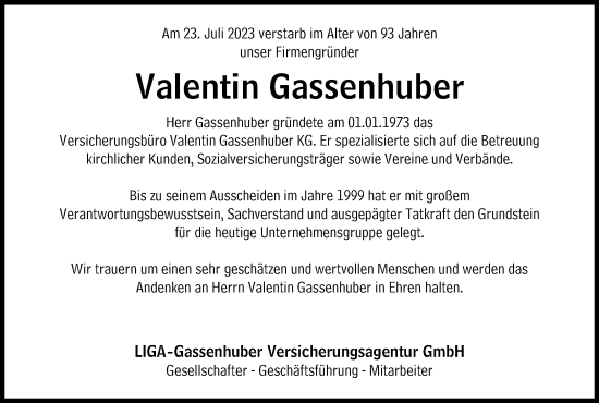 Traueranzeige von Valentin Gassenhuber von Süddeutsche Zeitung