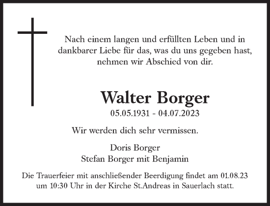 Traueranzeige von Walter Borger von Süddeutsche Zeitung