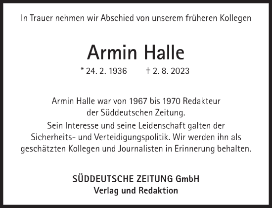 Traueranzeige von Armin Halle von Süddeutsche Zeitung