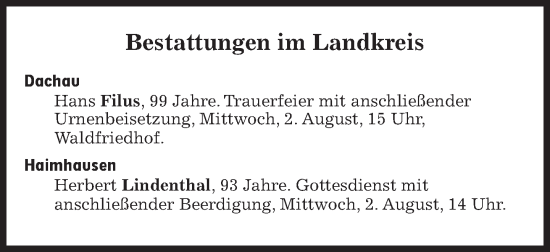 Traueranzeige von Bestattungen vom 02.08.2023 von Süddeutsche Zeitung