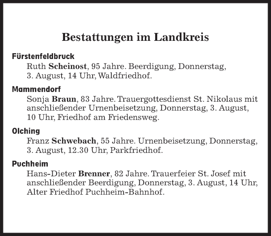 Traueranzeige von Bestattungen vom 03.08.2023 von Süddeutsche Zeitung