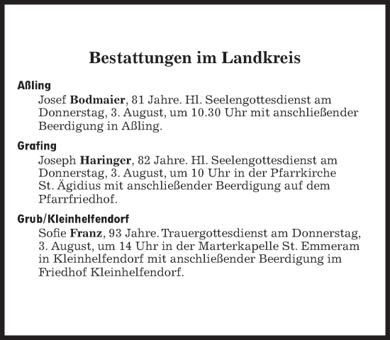 Traueranzeige von Bestattungen vom 03.08.2023 von Süddeutsche Zeitung