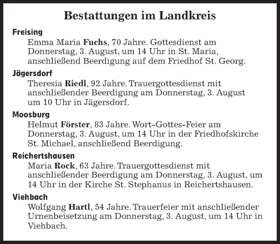 Traueranzeige von Bestattungen vom 03.08.2023 von Süddeutsche Zeitung