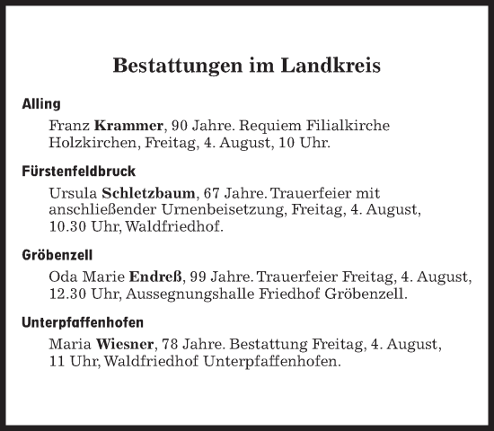 Traueranzeige von Bestattungen vom 04.08.2023 von Süddeutsche Zeitung