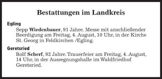 Traueranzeige von Bestattungen vom 04.08.2023 von Süddeutsche Zeitung