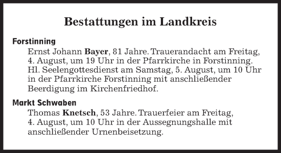 Traueranzeige von Bestattungen vom 04.08.2023 von Süddeutsche Zeitung