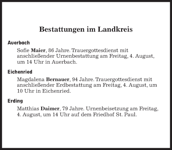 Traueranzeige von Bestattungen vom 04.08.2023 von Süddeutsche Zeitung