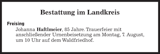 Traueranzeige von Bestattungen vom 07.08.2023 von Süddeutsche Zeitung