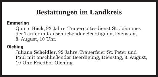 Traueranzeige von Bestattungen vom 08.08.2023 von Süddeutsche Zeitung