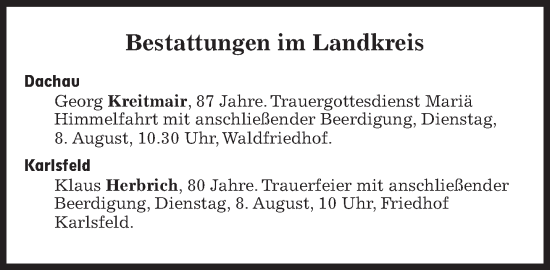 Traueranzeige von Bestattungen vom 08.08.2023 von Süddeutsche Zeitung