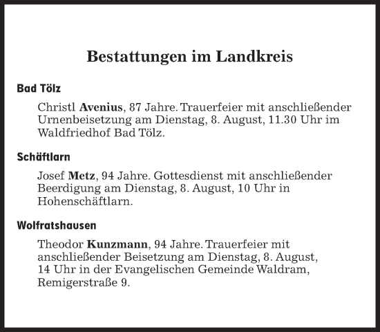 Traueranzeige von Bestattungen vom 08.08.2023 von Süddeutsche Zeitung