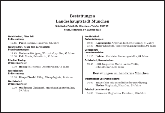 Traueranzeige von Bestattungen vom 09.08.2023 von Süddeutsche Zeitung