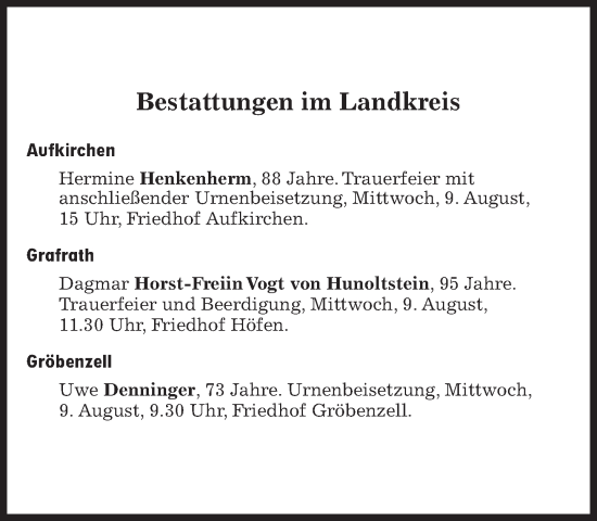 Traueranzeige von Bestattungen vom 09.08.2023 von Süddeutsche Zeitung