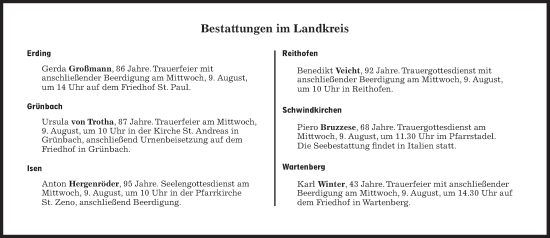 Traueranzeige von Bestattungen vom 09.08.2023 von Süddeutsche Zeitung