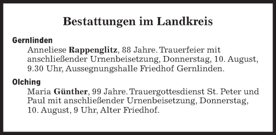 Traueranzeige von Bestattungen vom 10.08.2023 von Süddeutsche Zeitung