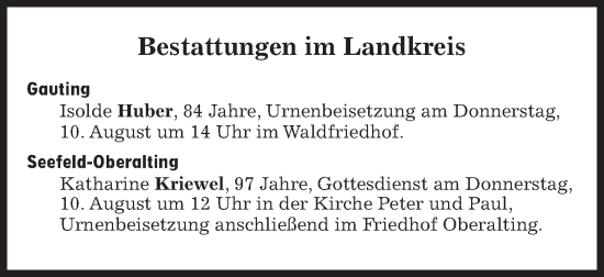 Traueranzeige von Bestattungen vom 10.08.2023 von Süddeutsche Zeitung