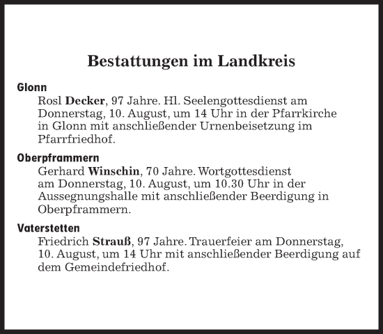 Traueranzeige von Bestattungen vom 10.08.2023 von Süddeutsche Zeitung