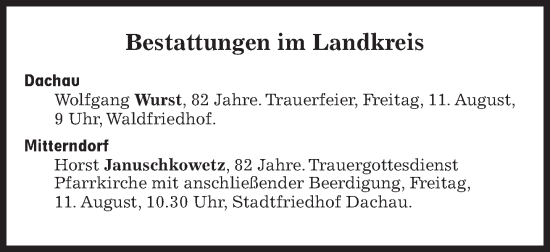 Traueranzeige von Bestattungen vom 11.08.2023 von Süddeutsche Zeitung