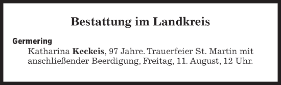 Traueranzeige von Bestattungen vom 11.08.2023 von Süddeutsche Zeitung