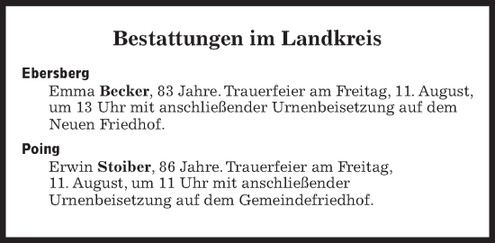 Traueranzeige von Bestattungen vom 11.08.2023 von Süddeutsche Zeitung