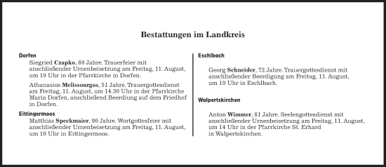 Traueranzeige von Bestattungen vom 11.08.2023 von Süddeutsche Zeitung