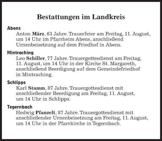 Traueranzeige von Bestattungen vom 11.08.2023 von Süddeutsche Zeitung