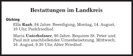 Traueranzeige von Bestattungen vom 14.08.2023 von Süddeutsche Zeitung