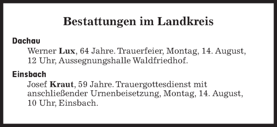 Traueranzeige von Bestattungen vom 14.08.2023 von Süddeutsche Zeitung