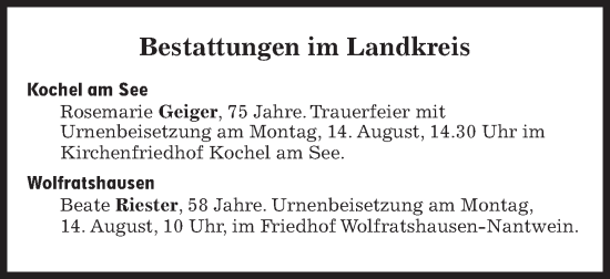 Traueranzeige von Bestattungen vom 14.08.2023 von Süddeutsche Zeitung