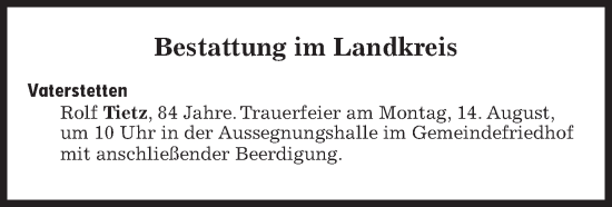 Traueranzeige von Bestattungen vom 14.08.2023 von Süddeutsche Zeitung