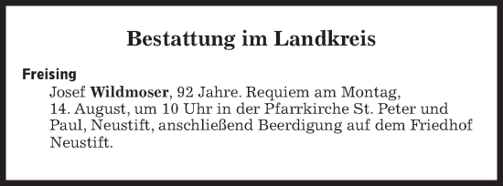 Traueranzeige von Bestattungen vom 14.08.2023 von Süddeutsche Zeitung