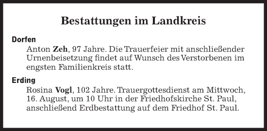 Traueranzeige von Bestattungen vom 16.08.2023 von Süddeutsche Zeitung