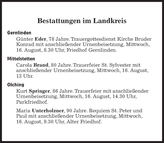 Traueranzeige von Bestattungen vom 16.08.2023 von Süddeutsche Zeitung