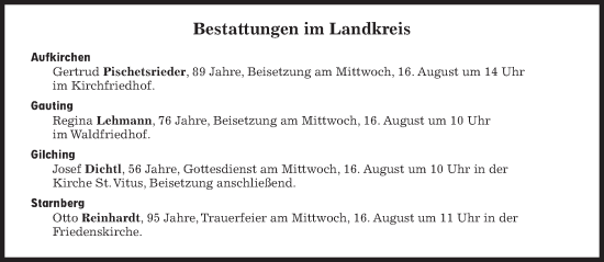 Traueranzeige von Bestattungen vom 16.08.2023 von Süddeutsche Zeitung