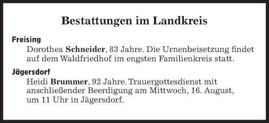 Traueranzeige von Bestattungen vom 16.08.2023 von Süddeutsche Zeitung