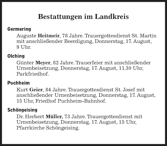 Traueranzeige von Bestattungen vom 17.08.2023 von Süddeutsche Zeitung