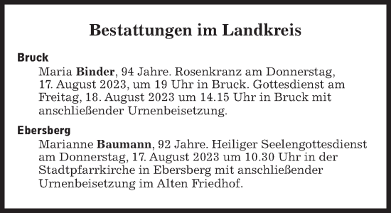 Traueranzeige von Bestattungen vom 17.08.2023 von Süddeutsche Zeitung