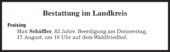 Traueranzeige von Bestattungen vom 17.08.2023 von Süddeutsche Zeitung