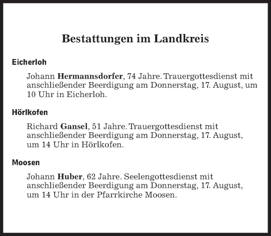 Traueranzeige von Bestattungen vom 17.08.2023 von Süddeutsche Zeitung