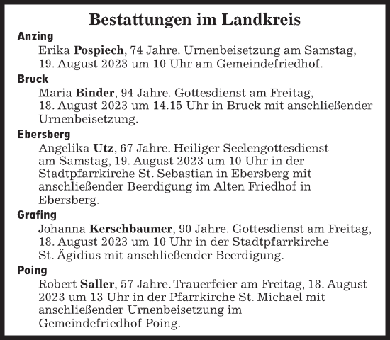 Traueranzeige von Bestattungen vom 18.08.2023 von Süddeutsche Zeitung